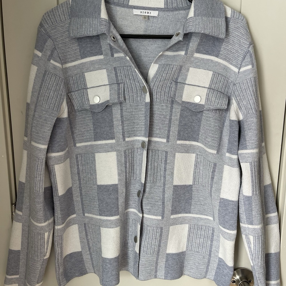 Sioni Cardigan Womens Size L Blue/Gray White Plaid Sweater Jacket Shacket Blazer